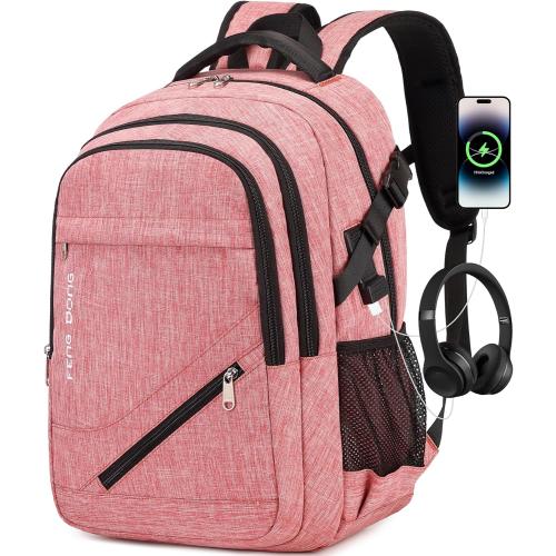 Large Laptop Backpack 17.3 inch Durable Waterproof Travel College Backpack Bookbag for Men & Women Business Backpack with USB Charging Port and Headset Port Light Pink