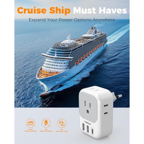 3 Pack European Plug Adapter USB C, TESSAN US to Europe Adapter 4 Outlets 3 USB Charger, Type C International Power Adaptor to Italy Spain France Portugal Iceland Germany, Europe Travel Essentials
