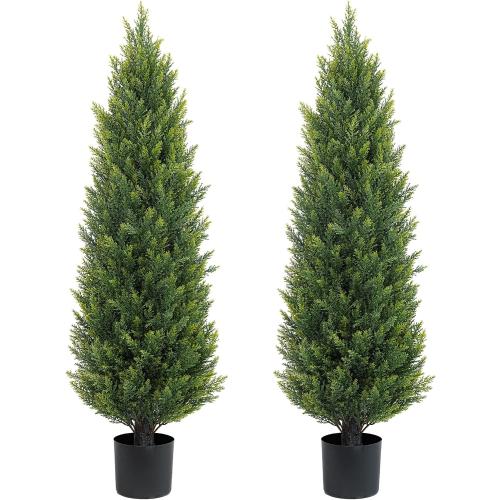 Two 4ft Artificial Topiary Tree Fake Bushes Potted Plants UV Resistant Faux Cedar Trees Artificial Outdoor Shrubs for Front Porch Garden