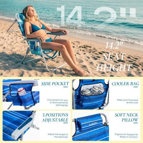 Tall Beach Chairs for Adults, Portable Folding High Seat Backpack Beach Chair Heavy Duty 5-Position Lay Flat with Cooler Bag, Cup Holder for Outdoor/Lawn/Trip/Picnic/Fishing/Camping