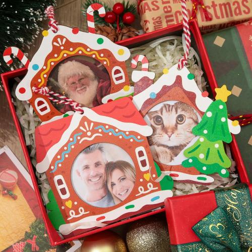 24PCS Christmas Picture Frame Ornaments, 12 Styles Wooden Gingerbread House Photo Frame Ornaments with Strings, Printed Hanging Ornaments for Christmas Tree, Party Decor