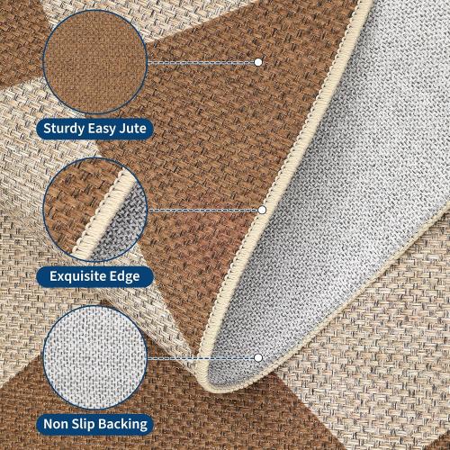 GarveeHome Checkered Easy Jute Area Rug 8x10 Machine Washable Non-Slip Stain Resistant Indoor Outdoor Rugs for Living Room, Bedroom, Kitchen, Dining, Patio Farmhouse Style Brown