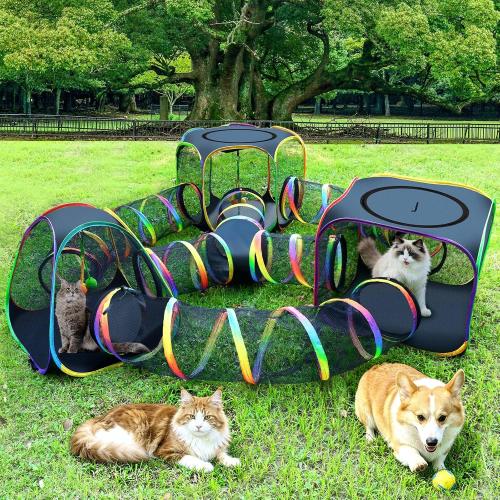 CypherX Outdoor Rainbow Cat Enclosure, 7-in-1 Portable Pop Up Cat Tents and Tunnels for Outside, Outdoor Catio Mesh Pet Playpen House, Large Playground for Large Cats and Other Animals