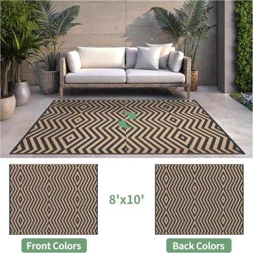 GENIMO Outdoor Rug for Patio Clearance, 8'x10' Reversible Plastic Straw Rugs, Lightweight Waterproof Modern RV Camping Mat for Camper, Balcony, Deck, Backyard, Picnic, Black Brown