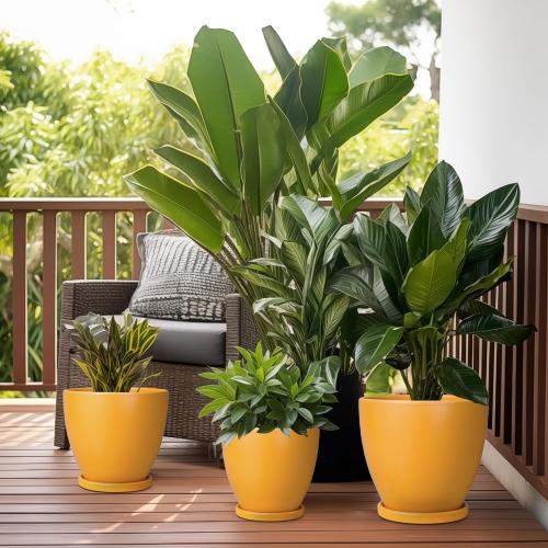 Ceramic Plant Pot - 8 Inch Planter for Indoor Outdoor Plants, Round Flower Pots with Drainage and Tray, Home Office Decor, Orange
