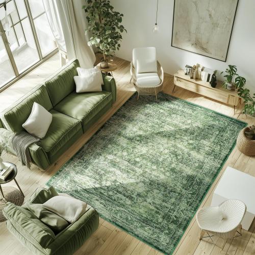 5x7 ft Area Rug Green – Boho Indoor Rug, Machine Washable, Non-Slip, Low Pile Rug for Living Room, Bedroom, Dining, Home Office