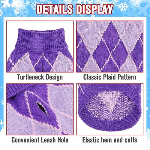 KOOLTAIL Dog Sweater, Knit Turtleneck Cold Weather Dog Sweaters for Small Medium Large Dogs,Soft Diamond Plaid Pullover Knitwear Pet Winter Warm Clothes,Pet Coat Puppy Sweater for Girls Boys,Purple L