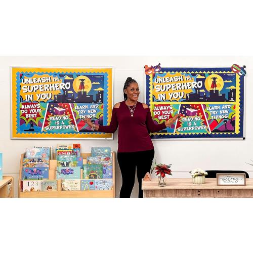 Sproutbrite 2 Large Motivational Posters Superhero Classroom Decorations - 13.5x39 Posters and Banners for Teachers - Bulletin Board and Wall Decor for Pre School, Elementary and Middle School - Inspires Students through Superhero Themes