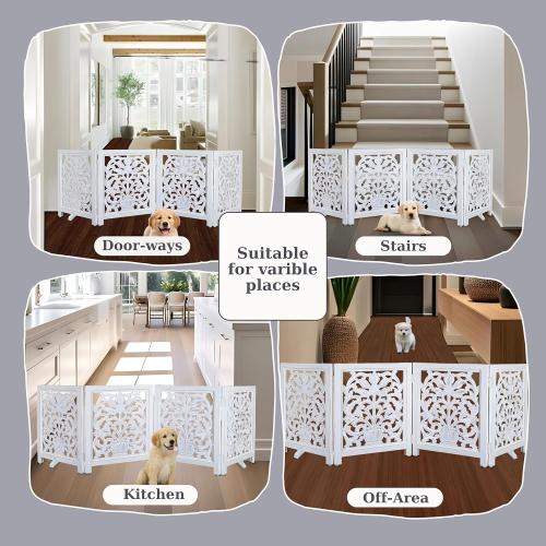 Goroly Home Foldable Carved Wooden Dog Gate with Stopper - Freestanding Indoor Pet Barrier for Home, Adjustable Dog Fence for Stairs, Doorways & Hallways - 24x18 Inch Antique White (4 Panels)