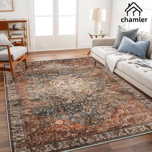 chamler 8x10 Area Rug Washable Vintage Traditional Mat Distressed Indoor Foldable Thin Retro Accent Floral Non Slip Carpet Rugs for Living Room Dining Room Office
