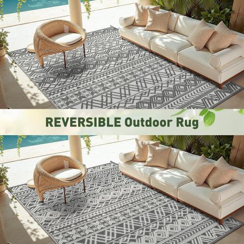 MontVoo Outdoor Rug Carpet Waterproof 5x8 Outdoor Patio Rug Mat Reverisble Plastic Straw Outdoor Rug for RV Camping Picnic Beach Balcony Boho Grey