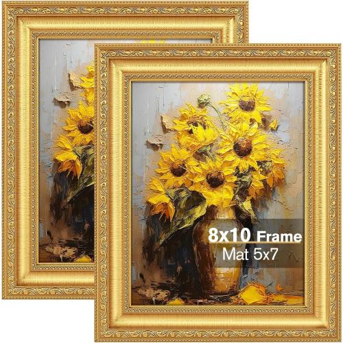 8x10 Gold Picture Frame Set of 2, Ornate Vintage 8 x 10 Photo Frame for Wall Decor or Tabletop Display, 8x10 Gold Frames with Real Glass, Display 5x7 Pictures with Mat or 8x 10 without Mat for Antique Déco