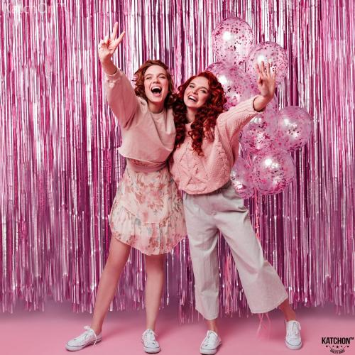 KatchOn, Pink Streamers for Party Decorations - XtraLarge 3.2x8 Feet, Pack of 2, Pink Backdrop Party Decoration Tinsel Curtain Backdrop Foil Fringe Birthday Decorations, Bachelorette, Graduation Decor