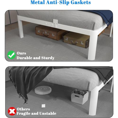 White 12 Inch Twin Bed Frames with Gaskets, Metal Twin Size Bed Frame No Box Spring Need, Heavy Duty Steel Platform Support, Round Corner Desgin, Reserved Holes, Storage Space, Noiseless