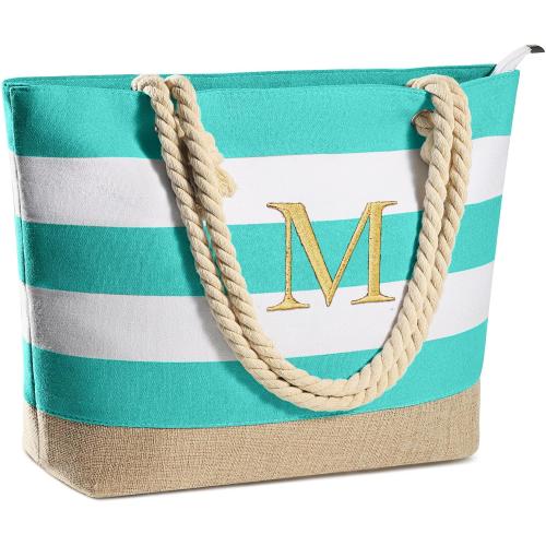 YOOLIFE Initial Canvas Waterproof Beach Tote Bag Zipper Personalized Gifts for Women Her Birthday Travel Beach Essential