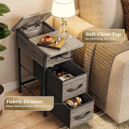 Huuger Narrow End Table with Charging Station, Side Table with 2 Drawers