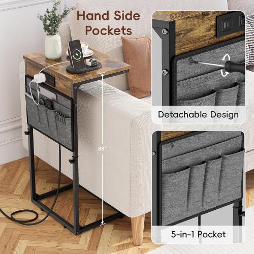 Black Wood Brown and Grey Vagusicc C Shaped End Table with Charging Station, 33 Tall Side Table for Couch, Sofa Table Adjustable Height Small Couch Side C Table, Slide Under Sofa Tray Arm Table for Living Room, Bedroom, Brown