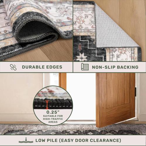 Size large Black Farmhouse Washable Area Rugs for Living Room, Bedroom, Dining Room Kitchen Table Rug for Under Table, Office, Dark Charcoal Tumble Stain Resistant Non-Slip Large Washable
