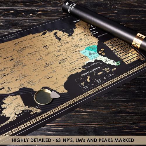 2 in 1 Gift Set - Scratch off US Map and 63 National Parks Poster - 24x16 Easy to Frame Scratchable United States of America Posters - Globetrotters Wall Map - Black and Gold Travel Tracker