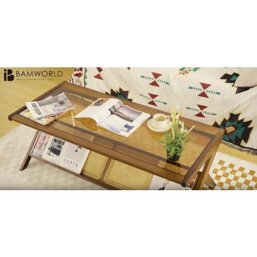 Bamworld Mid-Century Modern Coffee Table with Glass Top Rattan Center Table with Storage for Living Room Table Brown