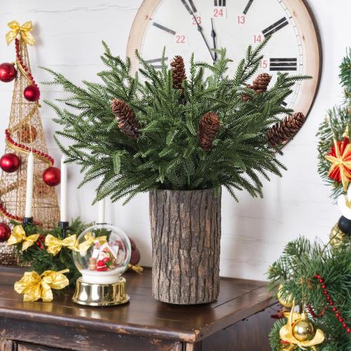 Artificial Christmas Norfolk Pine Stems Branches for Vases,12 Bundles Faux Pine Branches with 5 PCS Big Fake Pinecones Stems Greenery Evergreen Real Touch for Holiday Winter Table Xmas Decor