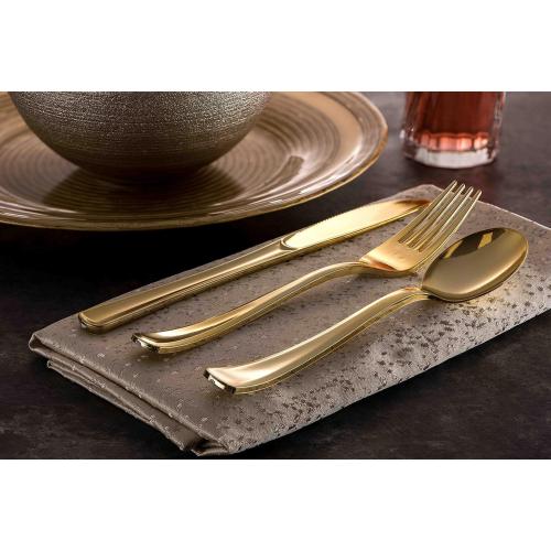 300 Gold Disposable Plastic Flatware Set - 100 Forks, 100 Spoons, 100 Knives - Heavy Duty Silverware for Party Bulk