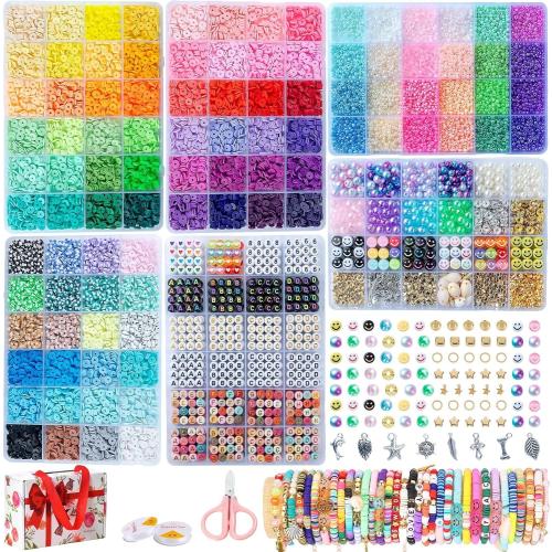SJZWSD 6-Box Friendship Bracelet Making Kit - 16,000pcs Clay, Seed & Glass Beads Collection, Letter Beads, Charms
