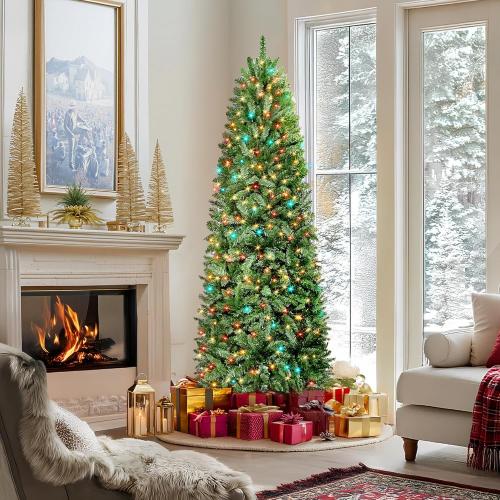 HOLLO STAR 6 ft Prelit Christmas Tree with 247 LED Lights, App Control, Artificial Pencil Christmas Tree with Multi-Color RGBW Lights, 715 Branch Tips, Skinny Xmas Tree, Metal Base, for Home, Party