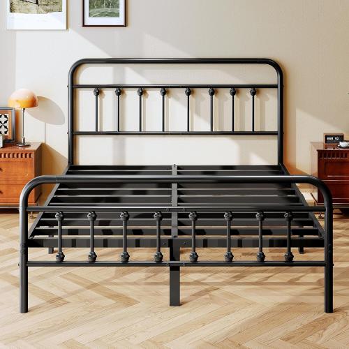 Queen Size Metal Platform Bed Frame/Victorian Style Headboard and Footboard/Steel Slat Support/Easy Assembly/No Box Spring Needed/Underbed Storage/Noise Free/Black