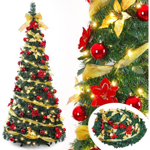 Decoway Pre Lit Pre Decorated Christmas Tree Pop Up Christmas Tree and Warm White LED Lights,Holiday Party Decorations,Red Gold (Yellow, 6 FT)
