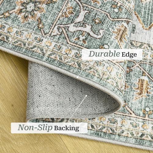 8x10 Area Rugs for Living Room, Stain Resistant Neutral Washable Rugs for Dining Room, Floral Vintage Non-Slip Thin Large Size Area Rug （Green）