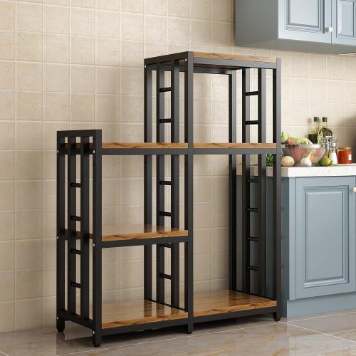 Kitchen Bakers Rack, 4-Tier 3-Tier Workstation Organizer Shelf, Free Standing Kitchen Utility Cart Storage Shelf Organizer Utility Microwave Stands Storage for Spice（Rustic Brown）