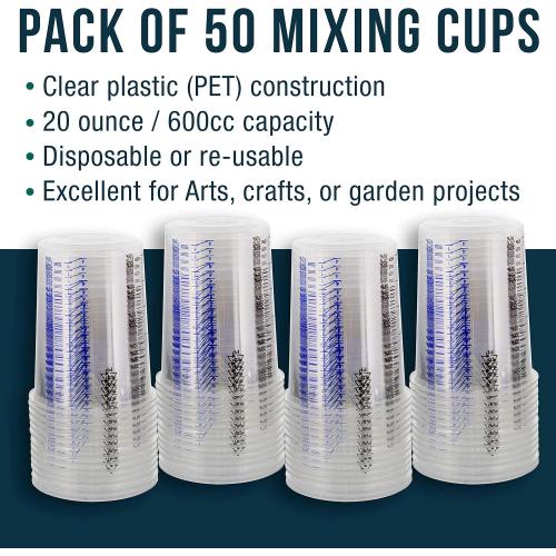 TCP Global 20 Ounce (600ml) Disposable Flexible Clear Graduated Plastic Mixing Cups - Box of 50 Cups - Use for Paint, Resin, Epoxy, Art, Kitchen, Cooking, Baking - Measuring Ratios 2-1, 3-1, 4-1, ML