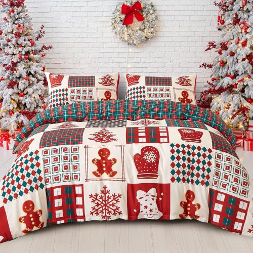 Dobuyly Christmas DuveSet Queen Christmas Tree Snowflake Bell Pattern Patchwork Bedding Set Reversible Red Green Plaid Xmas Comforter Cover with 2 Pillowcases