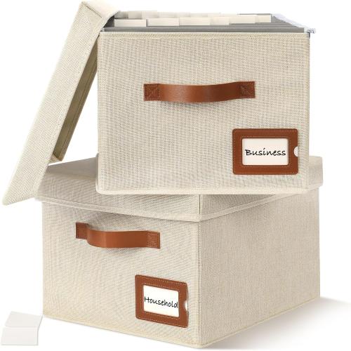 Ivory 2pack set Storage Standard 2-Pack File Organizer Box with Lid - Collapsible Hanging Linen Document Organizer Portable File Boxes, Lightweight & Portable Filing Box Crates with Handles & Extras, Ivory