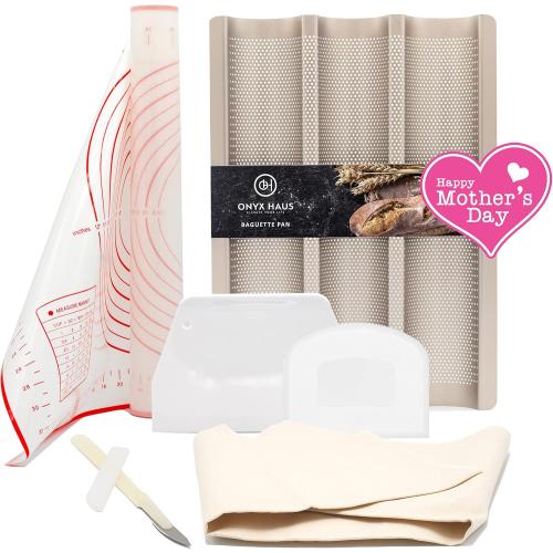 French Bread Kit - Baguette Pan for Baking, Silicone Baking Mat, Dough Cutter and Scraper, Bread Lame Cutter, & Bakers Couche Proofing Cloth - Nonstick Bread Pans for Homemade Bread Gift Set