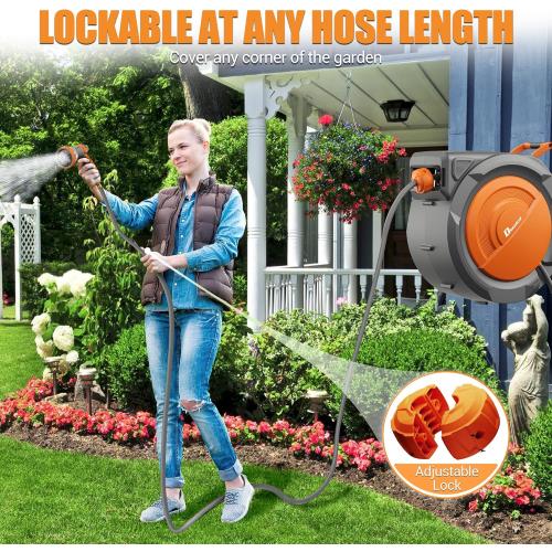 1/2 x 160 ft Retractable Hose Reel, Heavy Duty Retractable Garden Hose Reel Wall Mounted with 10-Pattern Hose Nozzle/Any Length Lock/Slow Return System/180°Swivel Bracket,Orange