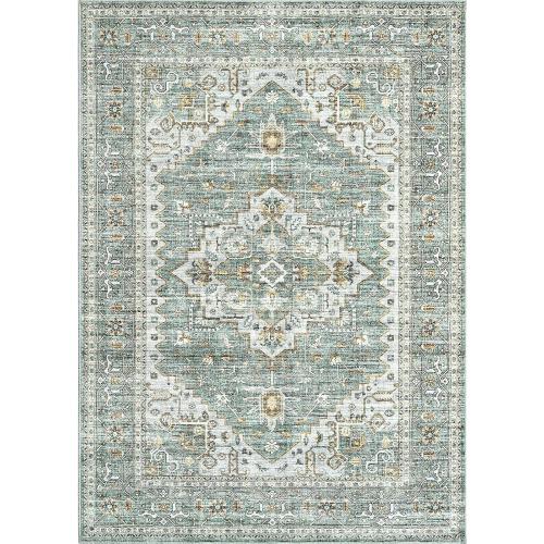 8x10 Area Rugs for Living Room, Stain Resistant Neutral Washable Rugs for Dining Room, Floral Vintage Non-Slip Thin Large Size Area Rug （Green）