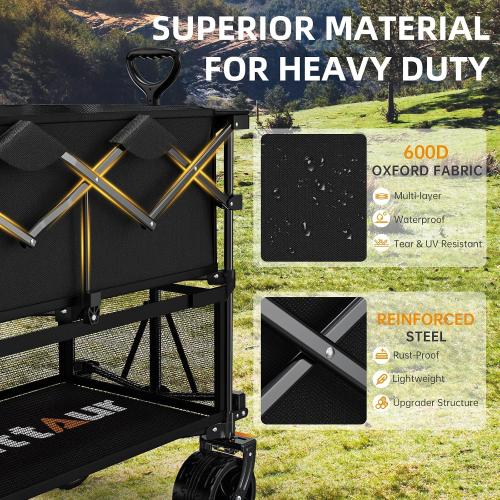 Black Foldable 50''L Extra Long Double Decker Wagon for Sport, 400L Collapsible Heavy Duty Wagon Cart with Big Wheels, Utility All-Terrain Large Extender Cart for Outdoors