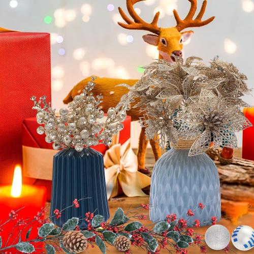 Zhuqing 22Pcs Christmas Poinsettia Artificial Flowers and Glitter Berries Stems Kit, 16Pcs Christmas Tree Flowers Ornaments and 6 Pack Christmas Tree Picks for Wedding Holiday Decorations (Champagne)