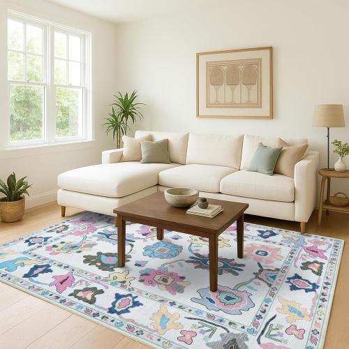 Fame Living Colorful Oushak Rug, Modern, Vintage, Turkish, Eclectic, Floral, Pastel, Washable, Large Area Rugs for Living Room, Dining, Bedroom, Girls, Boys, 7'5x9'8