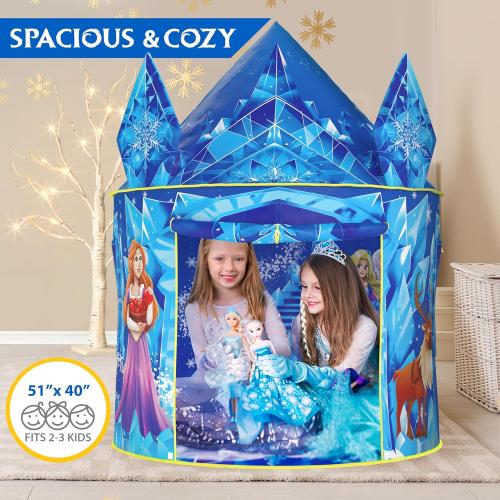 W&O Frozen Princess Tent for Girls with Magical Sound Button, LED Lights, Crown & Wand – Indoor & Outdoor Frozen Tent for Girls Ages 3-7