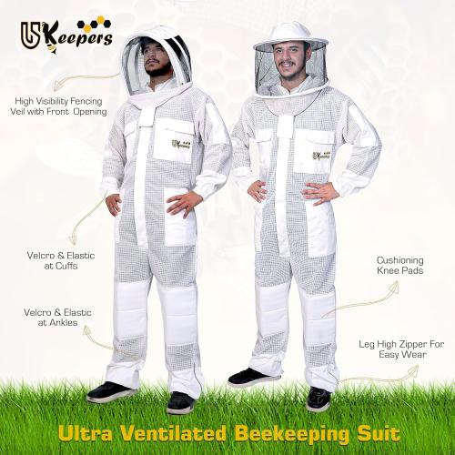 US-Keepers 3-Layer Ultra Ventilated Bee Suit for Men & Women – Premium Beekeeping Suit with Bee Gloves & Two Detachable Beekeeping Veils (White XL)