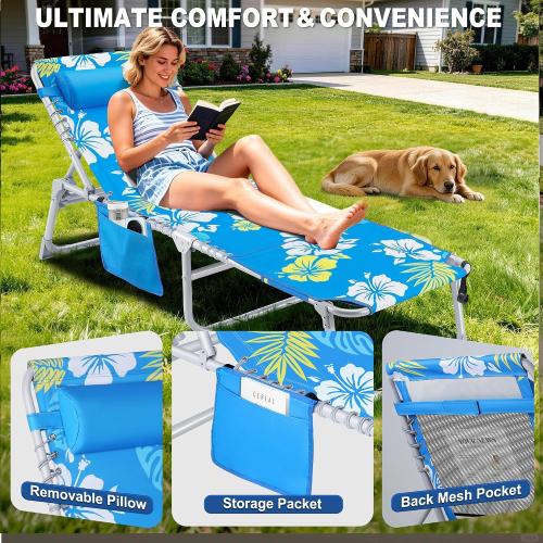 Luxfero 3-in-1 Beach Lounge Chair with Umbrella, Sun Tanning Chair with Face Hole&5-Position Recliner, Folding Lounge Chair Outdoor Lay Flat, Max 350lbs,Portable Tanning Chair with Pillow&Pocket-Blue