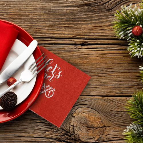 Christmas Napkins – 52 Pack Christmas Party Decorations with “Let's Get Lit” Design – Friendmas Napkins for Holiday Table, Friends Gatherings, and Festive Celebrations