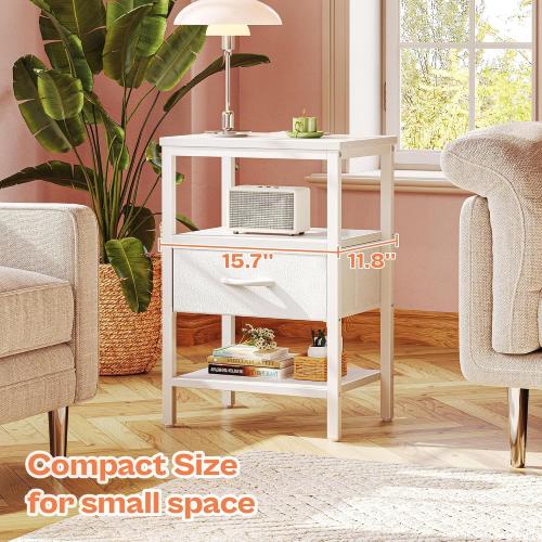 SUPERJARE Nightstand with Charging Station, Bed Side Table with Adjustable Fabric Drawer, Night Stand for Bedroom, 3-Tier Storage End Table, for Living Room, White