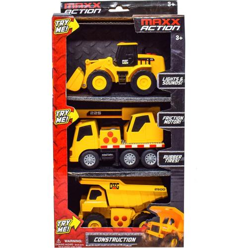 Sunny Days Entertainment Mini Construction Vehicles 3 Pack – Lights and Sounds Pull Back Toy Vehicle | Includes Dump Truck Front End Loader and Crane Truck – Maxx Action