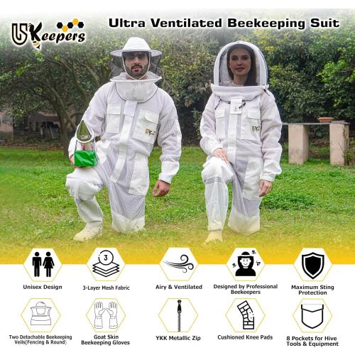 US-Keepers 3-Layer Ultra Ventilated Bee Suit for Men & Women – Premium Beekeeping Suit with Bee Gloves & Two Detachable Beekeeping Veils (White XL)