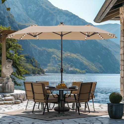 HERA'S PALACE 13ft Patio Umbrella with 120 LED Solar Lights Double Sided Outdoor Umbrella for Patio 8 Colors Changing Table Umbrella Outdoor Patio for Garden Pool