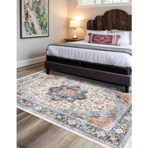 vivorug 3x5 Rug, Boho Small Area Rug for Living Room, Bedroom, Kitchen, Machine Washable Non-Slip Throw Rug, Vintage Floral Carpet for Entryway Nursery Coffee Table - Durable (Orange/Navy)